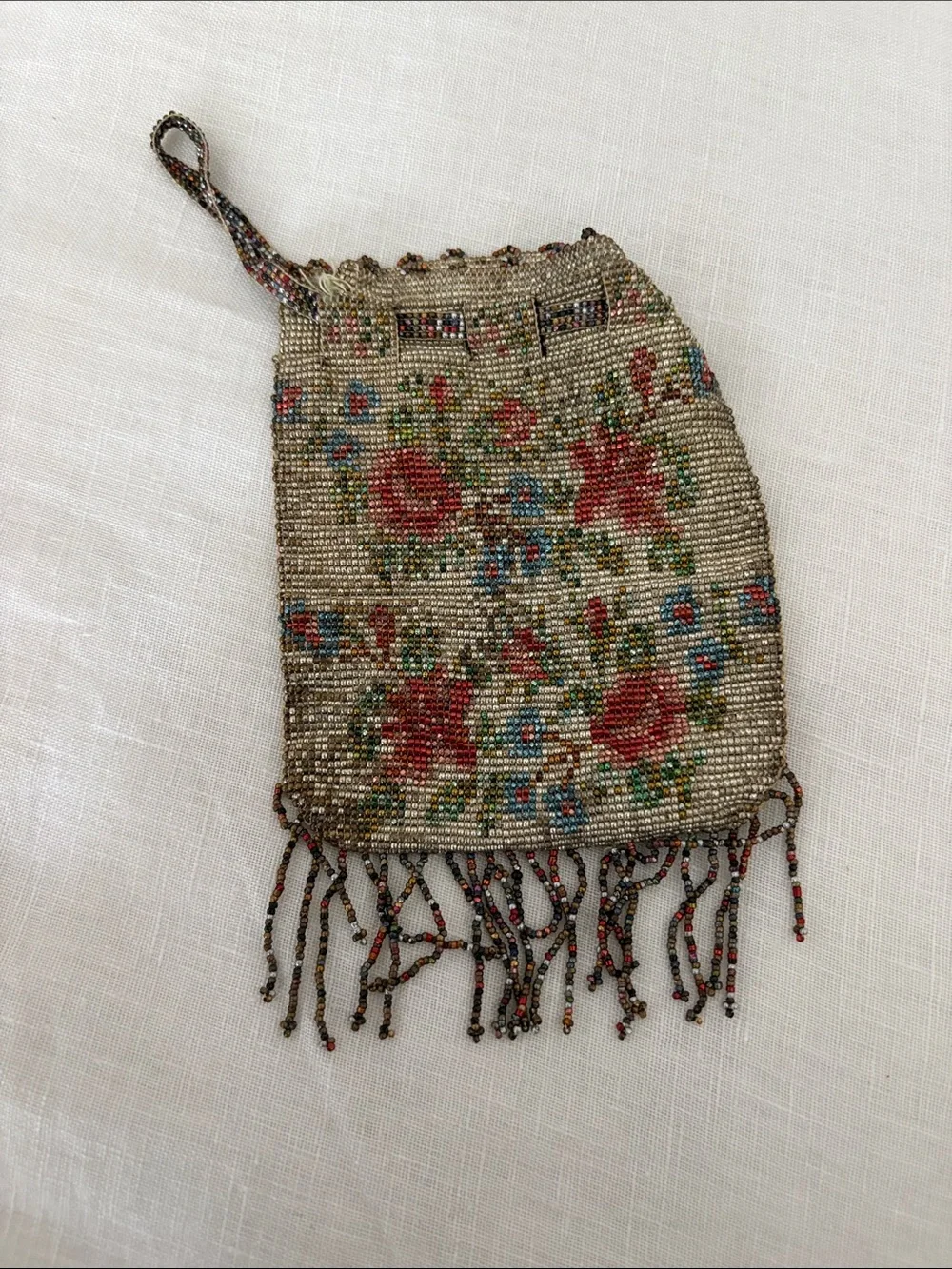 Vintage STUNNING Beaded Floral Wristlet - Red Floral on Cream